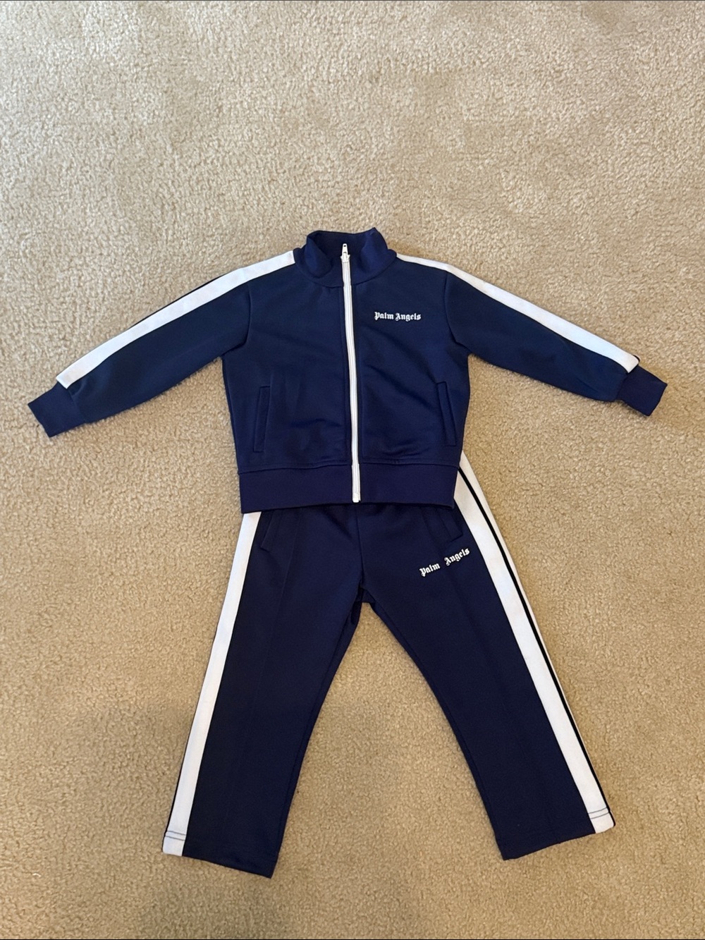 Palm Angels Kids Navy Track Pants with White Side Stripes